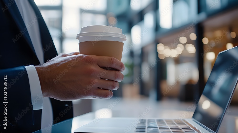 Close-up of a Man's Hand Holding a Coffee Cup Near a Laptop Close-up of a Man's Hand Holding a Coffee Cup Near a Laptop