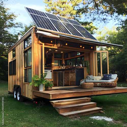 Modern tiny house with solar panels, green living photo