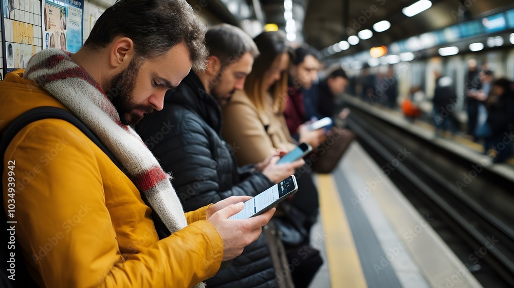 Man using his phone while waiting on a train platform Man using his phone while waiting on a train platform