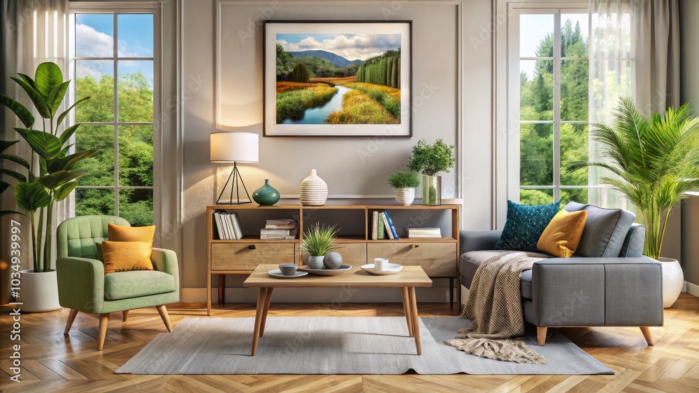Elegant Home Decor with MockUp Picture Frame in a Stylish Living Room Setting Featuring Cozy Textiles, Modern Furniture, and Natural Light for a Chic Atmosphere Elegant Home Decor with MockUp Picture Frame in a Stylish Living Room Setting Featuring Cozy Textiles, Modern Furniture, and Natural Light for a Chic Atmosphere