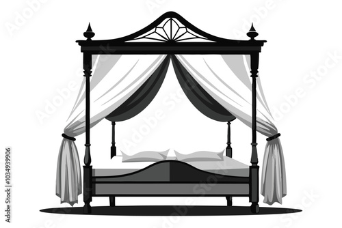 Detailed canopy bed with sheer curtains draped over a wooden frame B.eps