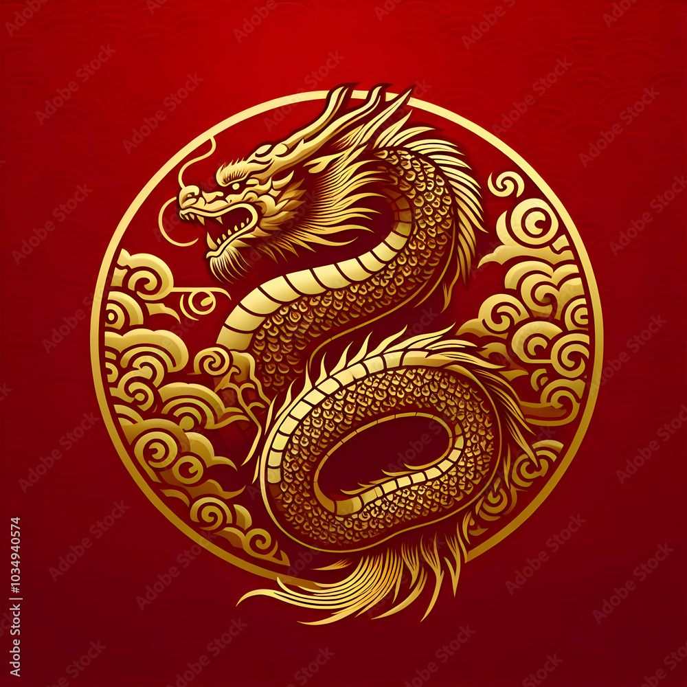 Obraz premium Golden Dragon of Fortune: A majestic golden dragon with intricate details spirals around a radiant sun within a circular frame, a powerful symbol of prosperity and luck in Chinese culture.