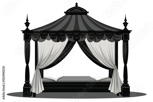 Detailed canopy bed with sheer curtains draped over a wooden frame H.eps