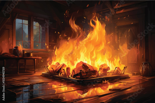 New modern barbecue grill with burning firewood on dark background