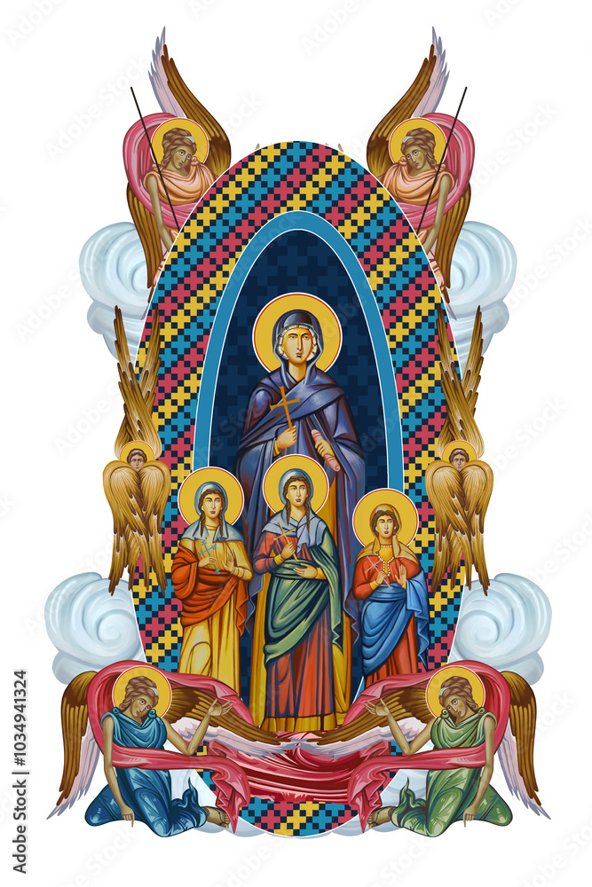 Fototapeta premium Holy Martyrs Faith, Hope, Love and their mother Sophia. Illustration with angels and seraphim in heaven in Byzantine style