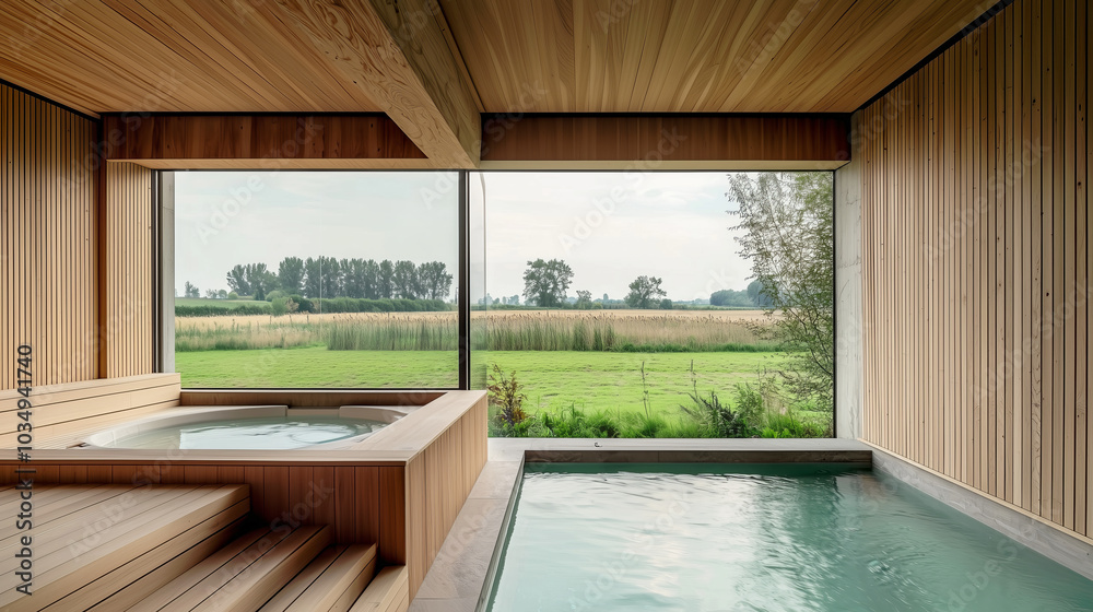 Fototapeta premium Indoor spa with wooden interior and swimming pool overlooking scenic countryside