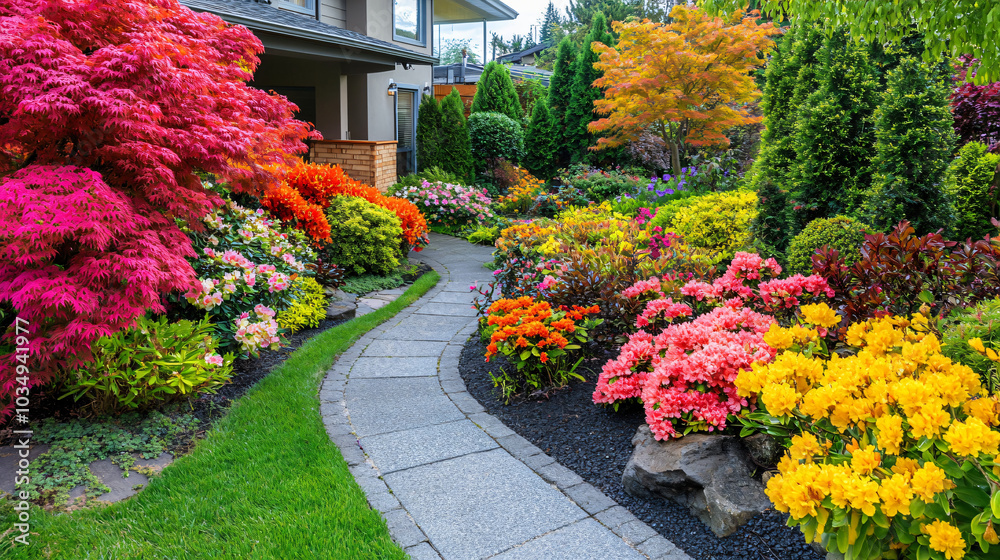 Fototapeta premium An inviting garden path framed by colorful blooming shrubs, creating a welcoming atmosphere.