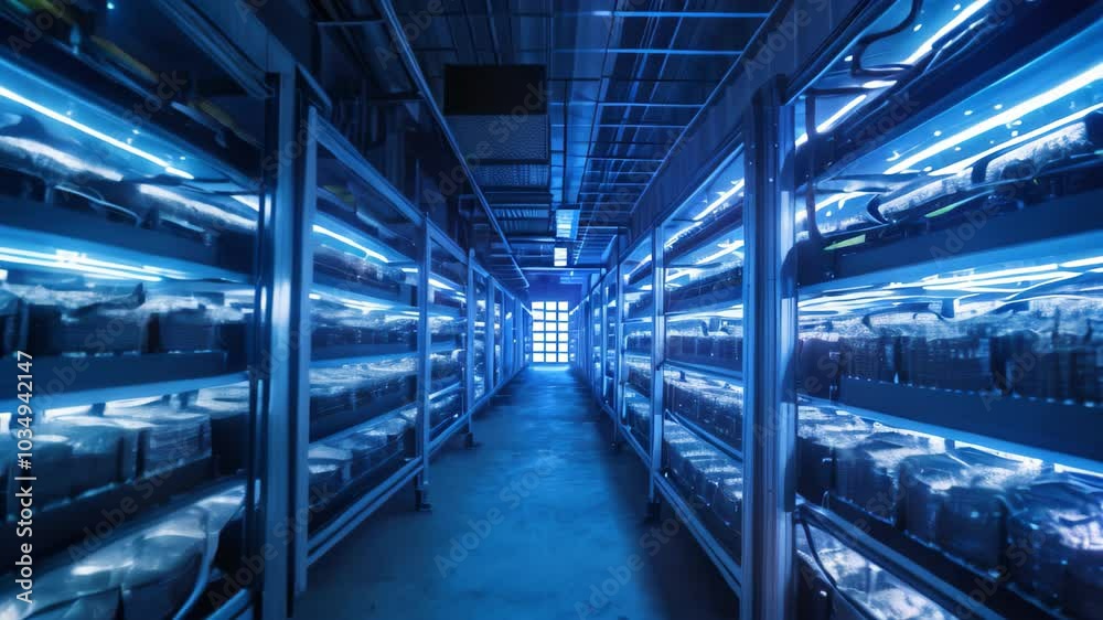 A Video capturing a long row of shelves filled with numerous blue lights shining brightly, Cryptocurrency mining farm, an eerie blue glow A Video capturing a long row of shelves filled with numerous blue lights shining brightly, Cryptocurrency mining farm, an eerie blue glow