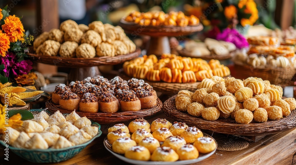 A table full of various sweet pastries. The photo showcases a diverse selection of desserts, perfect for showcasing a variety of delicious options at a party or special event. A table full of various sweet pastries. The photo showcases a diverse selection of desserts, perfect for showcasing a variety of delicious options at a party or special event.