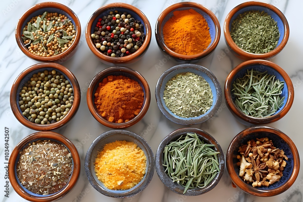 A Colorful Array of Spices and Herbs in Decorative Bowls A Colorful Array of Spices and Herbs in Decorative Bowls