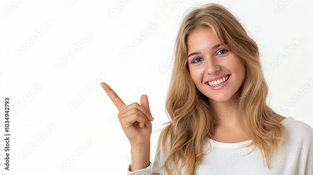 Young woman pointing finger up at copy space. Young woman pointing finger up at copy space.