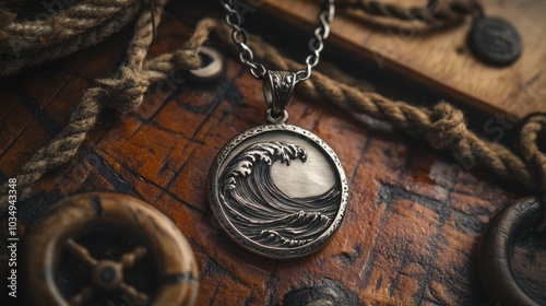 Silver Pendant with Wave Design on Rustic Background