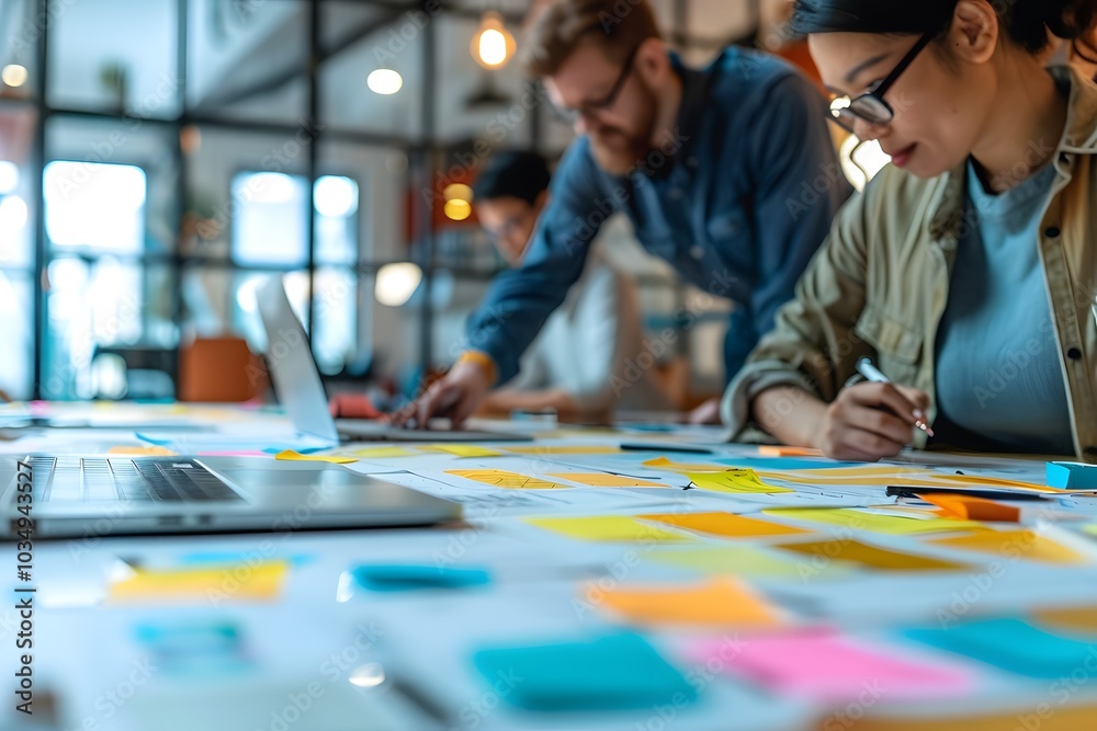 Obraz premium Collaborative Brainstorming Session with Colorful Sticky Notes and Laptops
