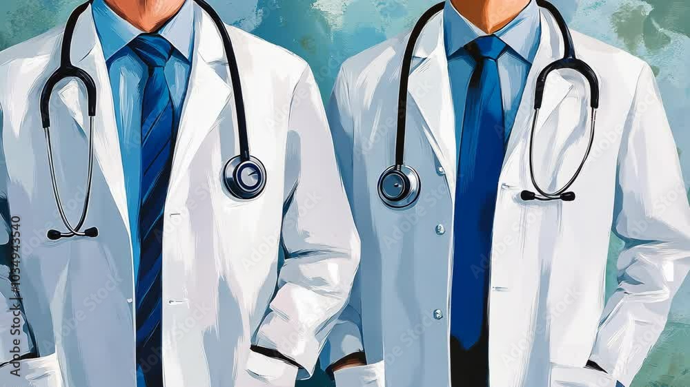 Two doctors stand side-by-side, wearing white coats and blue ties, ready to serve their patients Two doctors stand side-by-side, wearing white coats and blue ties, ready to serve their patients