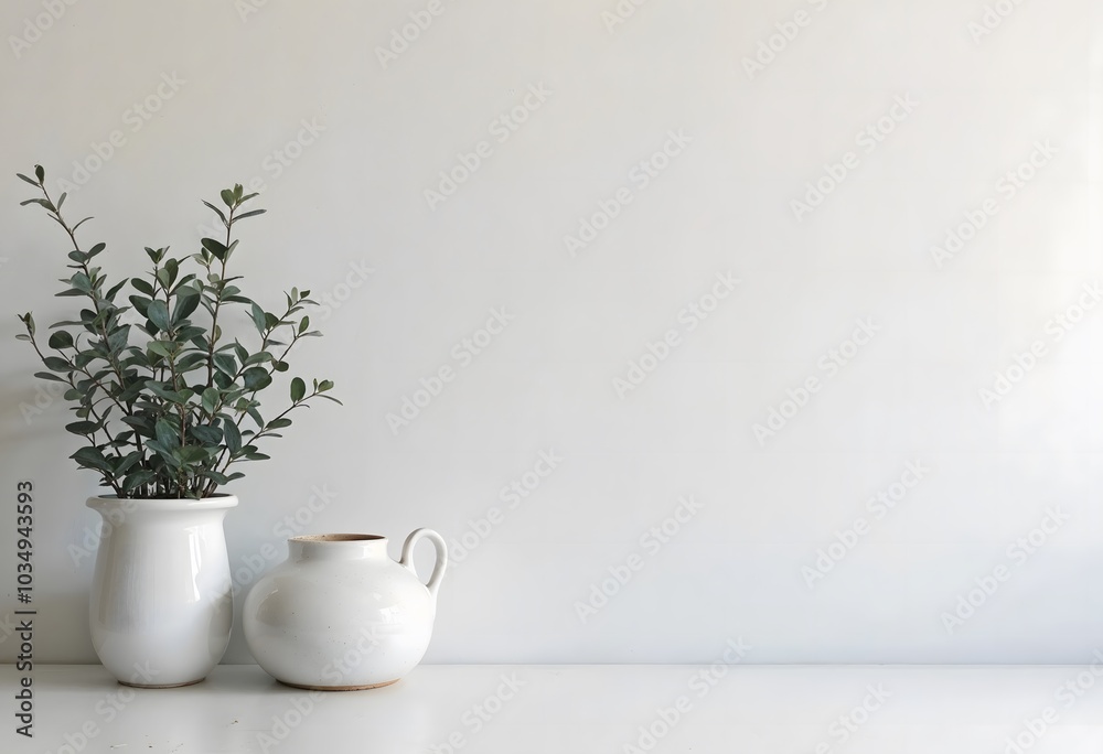 A small plant in a white pot sits on a white table with a white wall as the background. A small plant in a white pot sits on a white table with a white wall as the background.