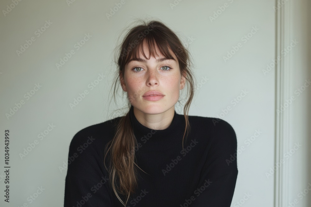 Young woman with freckles and ponytail posing in minimalist interior Young woman with freckles and ponytail posing in minimalist interior