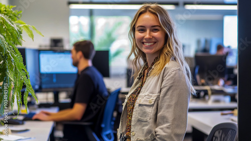 A young woman in casual business attire stands at her desk, smiling as she poses for the camera.