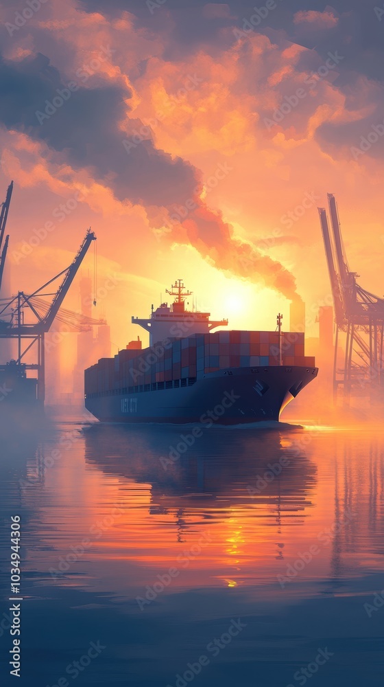 A large cargo ship loaded with containers moving through a misty port at sunrise A large cargo ship loaded with containers moving through a misty port at sunrise