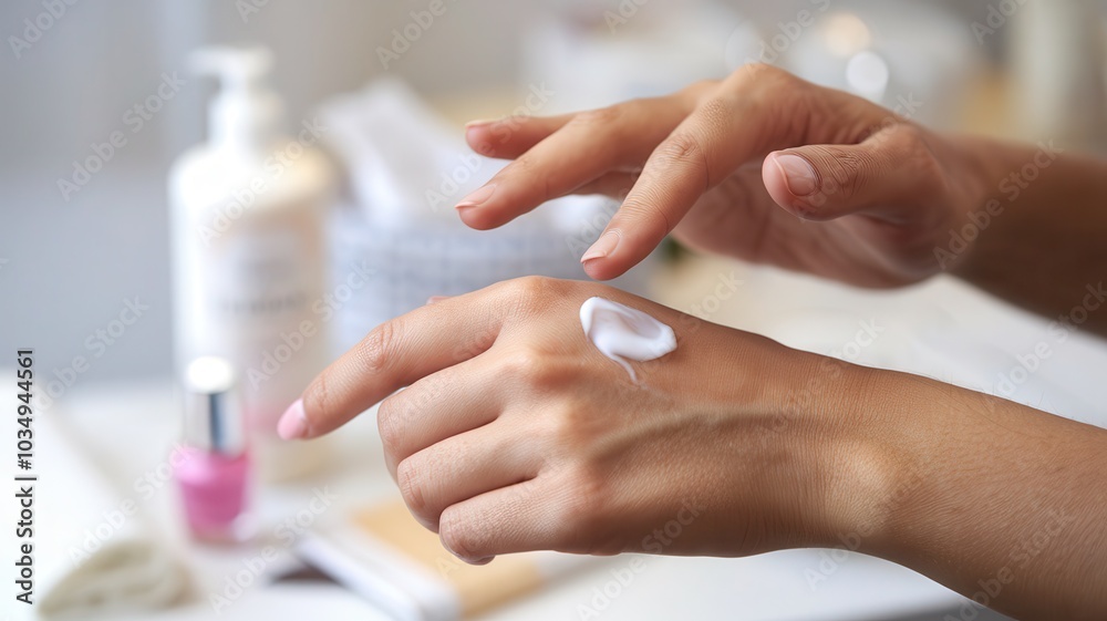 Applying moisturizer to hands with beauty products in the background. Applying moisturizer to hands with beauty products in the background.