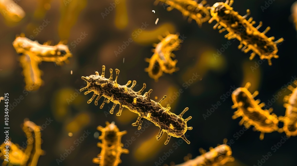 Naklejka premium Ancient microbes under microscope reveal intricate cellular structures, showcasing their mysterious and ancient nature, ideal for scientific and educational content.
