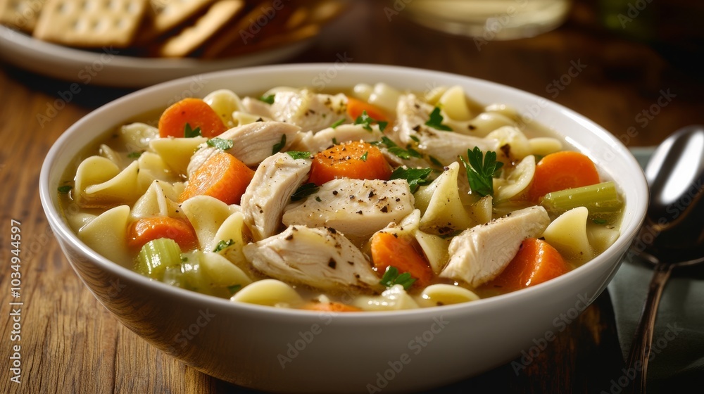 A bowl of comforting chicken noodle soup with tender chicken, carrots, celery A bowl of comforting chicken noodle soup with tender chicken, carrots, celery