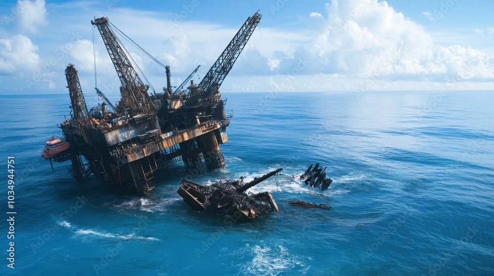 An oil rig stands majestically in the ocean, surrounded by water and clouds, showcasing industrial prowess against the natural backdrop. An oil rig stands majestically in the ocean, surrounded by water and clouds, showcasing industrial prowess against the natural backdrop.