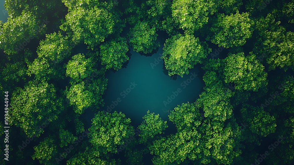 Aerial view of a small lake surrounded by lush green trees. Aerial view of a small lake surrounded by lush green trees.