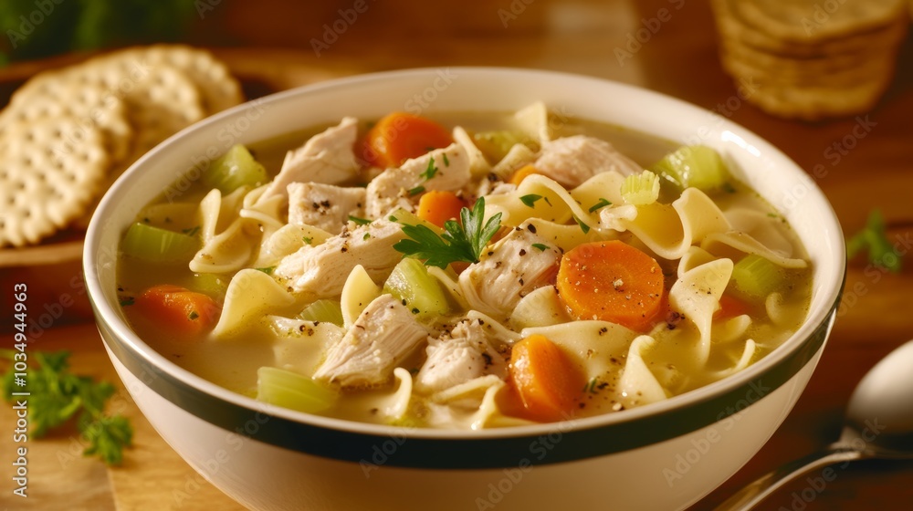 A bowl of comforting chicken noodle soup with tender chicken, carrots, celery A bowl of comforting chicken noodle soup with tender chicken, carrots, celery