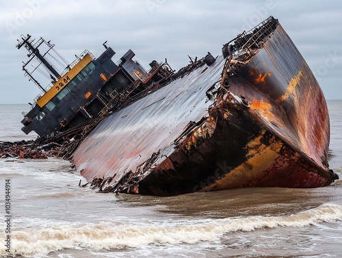 A rusted shipwreck tilts precariously on the shoreline, surrounded by waves under a cloudy sky.
