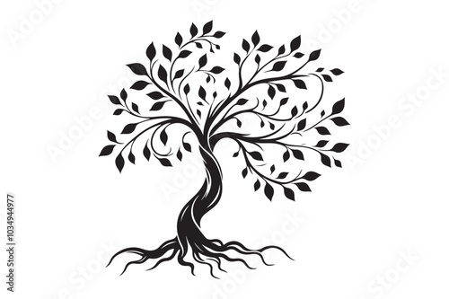 Flowing Tree Silhouette with Curved Branches and Leaves 8.eps
