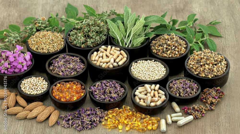 A variety of herbs and supplements are arranged in small bowls on a wooden table A variety of herbs and supplements are arranged in small bowls on a wooden table