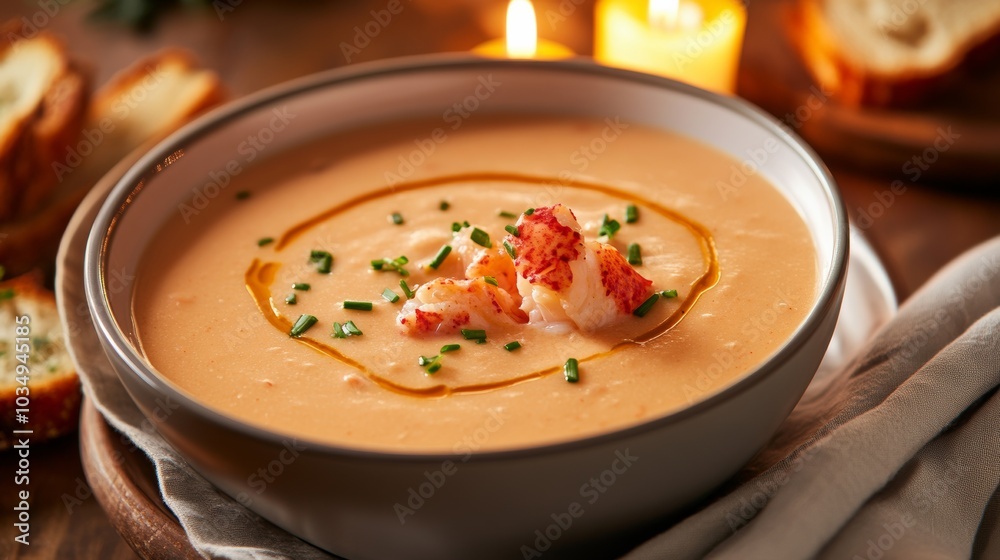 A bowl of creamy lobster bisque garnished with a lobster claw and a sprinkle of chives, Bisque centered, Warm candlelight creating an intimate setting A bowl of creamy lobster bisque garnished with a lobster claw and a sprinkle of chives, Bisque centered, Warm candlelight creating an intimate setting