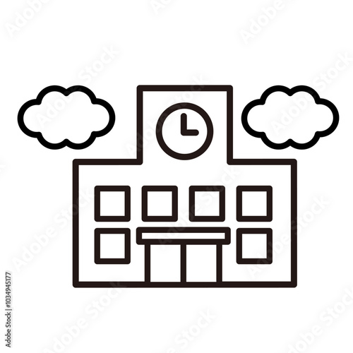 学校の校舎と雲のシンプルなアイコン　黒