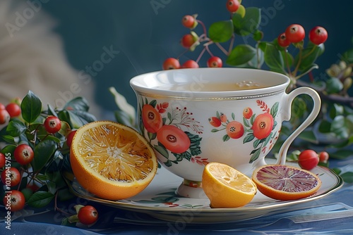 Elegant Tea Time: A Floral Cup Surrounded by Fresh Citrus Fruits