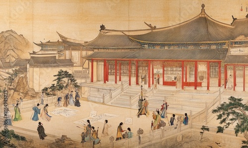 Traditional Chinese painting of palace and people.