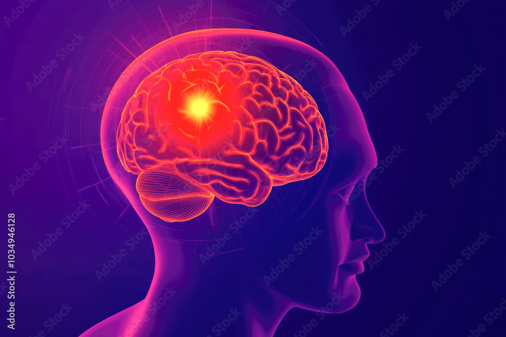 Human brain highlighted illustration with central activation and neural activity