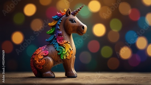 A colorful wooden unicorn figurine with a rainbow mane and tail stands against a warm, blurred background.