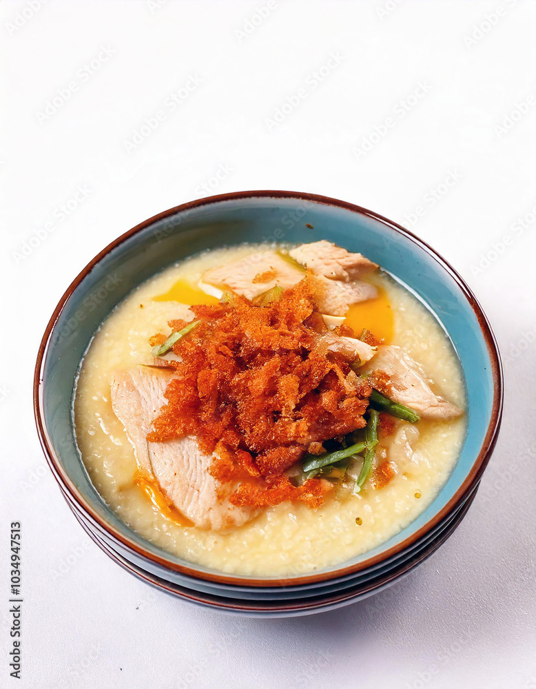 Indonesian Bubur Ayam: Creamy chicken congee, topped with crispy fried shallots and tender chicken slices. A taste of Indonesian comfort food, perfect for a cozy meal! Indonesian Bubur Ayam: Creamy chicken congee, topped with crispy fried shallots and tender chicken slices. A taste of Indonesian comfort food, perfect for a cozy meal!