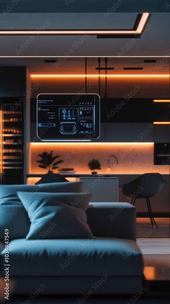A modern smart home interior with voice-controlled devices, smart lighting, and holographic control panels A modern smart home interior with voice-controlled devices, smart lighting, and holographic control panels