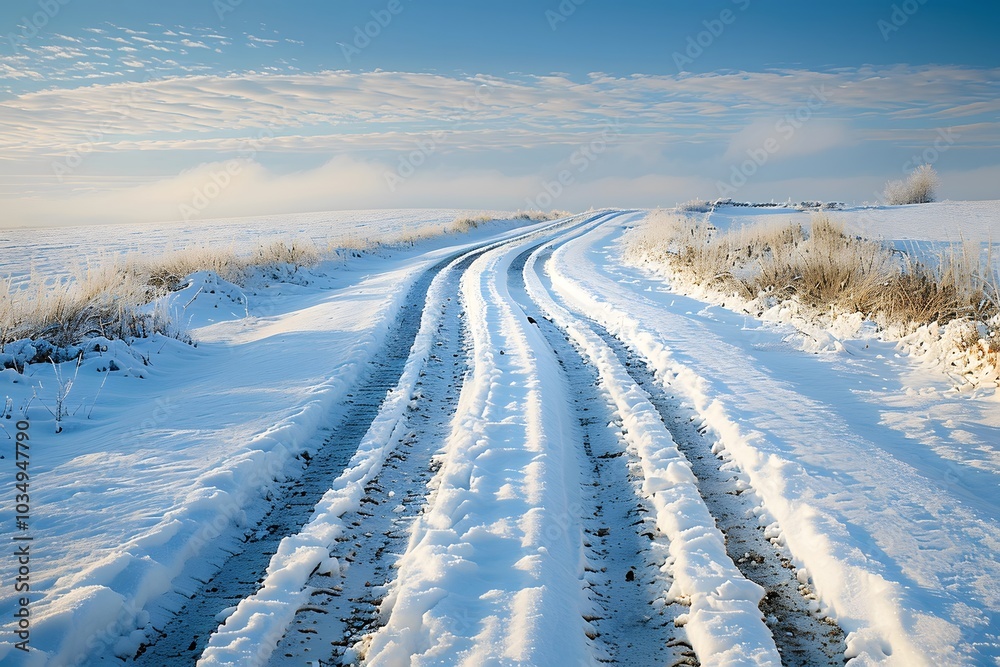 Serene Winter Landscape with Snow-Covered Road and Blue Sky Serene Winter Landscape with Snow-Covered Road and Blue Sky