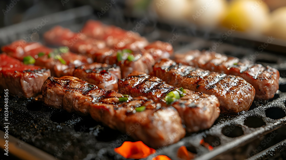 Perfectly Grilled Steaks with Charred Edges and Juicy Interiors, Sizzling on a Hot Grill Perfectly Grilled Steaks with Charred Edges and Juicy Interiors, Sizzling on a Hot Grill