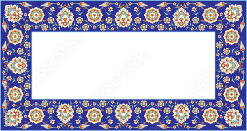Rectangular Arabic flower frame, traditional Turkish tezhip flower ornament, suitable for use in mosque decorations, backgrounds, calligraphy, frames. Elegance with text input area