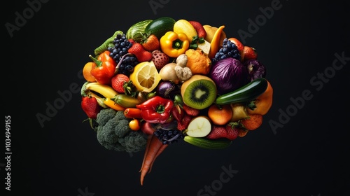 Fototapeta Naklejka Na Ścianę i Meble -  A brain composed of various fruits and vegetables, Fusion of brain and fruits/vegetables theme, Creative style