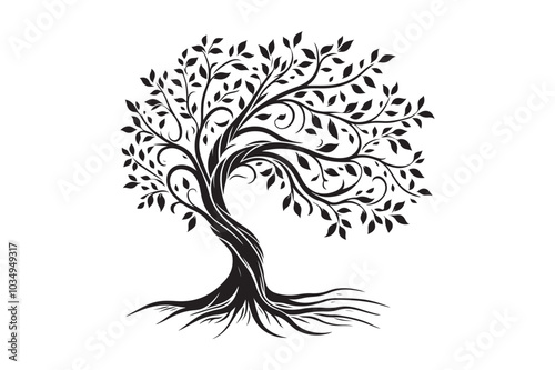 Flowing Tree Silhouette with Curved Branches and Leaves 52.eps