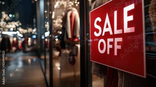 Close-up view of a vibrant red sale sign hanging in a retail window, attracting customers with eye-catching text highlighting the discount.