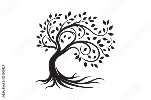 Flowing Tree Silhouette with Curved Branches and Leaves 53.eps