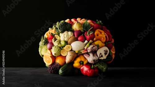 A brain composed of various fruits and vegetables, Modern lifestyle scene, Surreal style photo