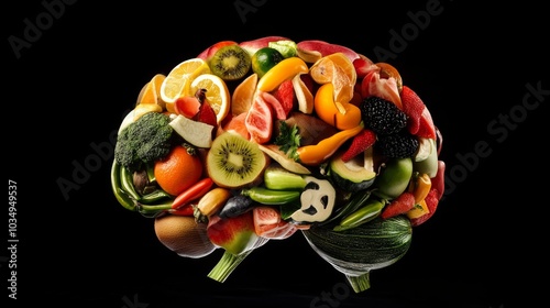 Fototapeta Naklejka Na Ścianę i Meble -  A brain composed of various fruits and vegetables, Fusion of brain and fruits/vegetables theme, Creative style