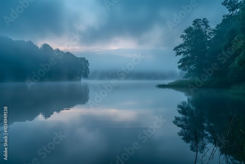 Serene Misty Lake at Dawn Reflecting Nature's Tranquility