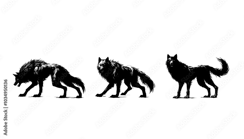Monster wolf, silhouette illustration, black and white Monster wolf, silhouette illustration, black and white
